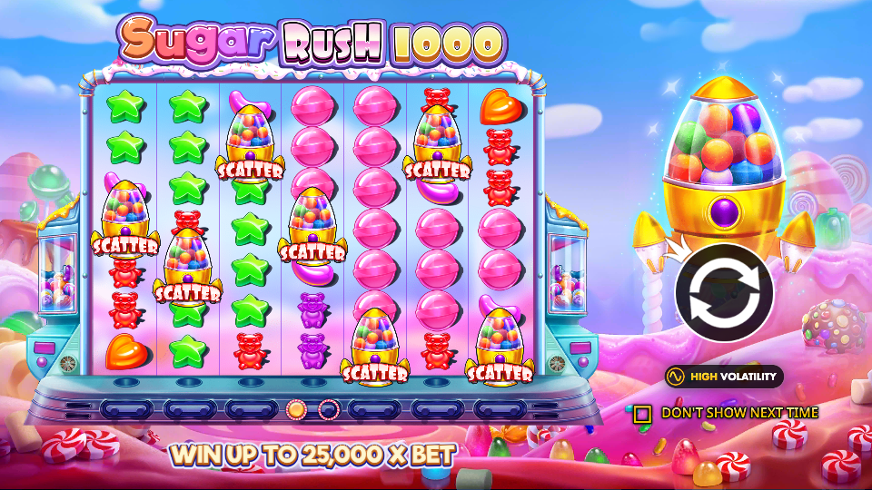 Echt introductiescherm van Sugar Rush 1000 met snoep, scatterraketten en het spelrooster